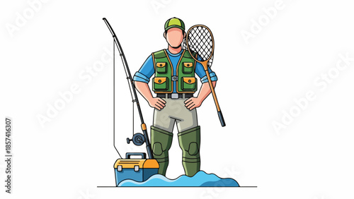 Fisherman in Green Waders Holding Fishing Net