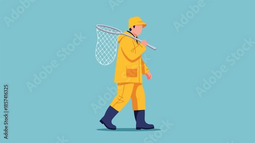 Fisherman in Yellow Raincoat and Boots with a Net