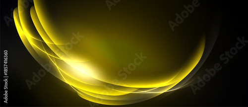 Abstract golden waves radiate from bright center. Dark background emphasizes luminous curves, creating dynamic visual effect.