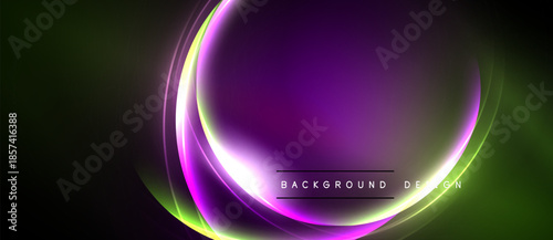 Abstract design features vibrant purple, green glows. Smooth curves create dynamic visual effect. Dark background emphasizes luminosity.