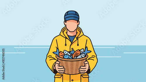 Fisherman in Yellow Raincoat Holding a Basket of Fish
