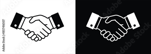 Two hands shaking in a gesture of agreement or partnership depicted in a simple graphic illustration