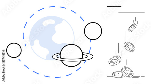 Space economy, innovation, fintech, global trade, futuristic technology, investment opportunities. Planet with orbit lines and falling coins. Space economy and financial innovation concept