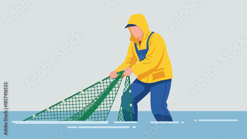 Fisherman in Yellow Raincoat Pulling Fishing Net
