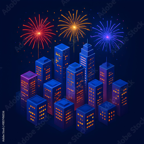 Vibrant city skyline illuminated by dazzling fireworks display in the night sky