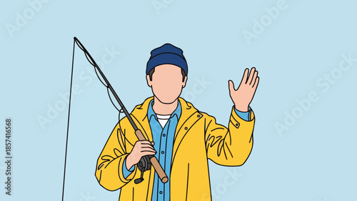 Fisherman in Yellow Raincoat Waving with Fishing Rod