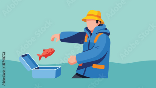 Fisherman Placing a Fish in a Box Illustration