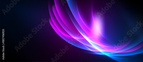 Abstract light streaks form flowing curves. Vivid magenta, blue hues dominate dark background. Dynamic energy radiates from central glow.