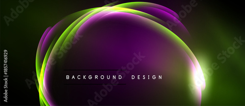 Abstract luminous layers create vibrant oval shape. Dark background emphasizes glowing purple, green hues. Modern design element.