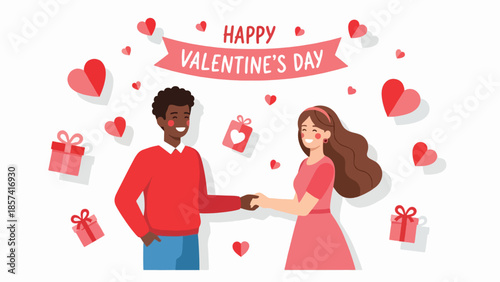 Happy Valentine's Day Diverse Couple Celebrating Love Romance Gifts