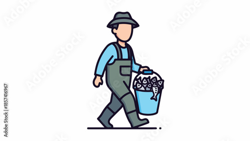 Fisherman Walking with Bucket Full of Freshly Caught Fish