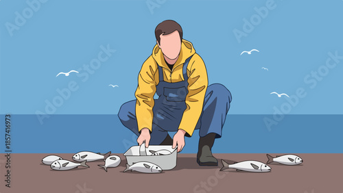 Fisherman Sorting Freshly Caught Fish on the Dock