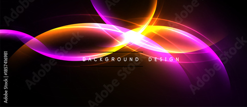 Abstract vibrant waves, orange, purple hues. Bright light radiates center, dark background creates contrast. Modern design element.