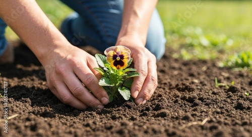 Hands carefully planting a small flower seedling in dark soil
