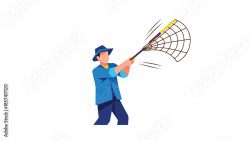 Man Using Net Illustration, Isolated on White Background
