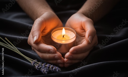 Hands hold a candle, bathed in soft light, resting on a dark surface with lavender sprigs
