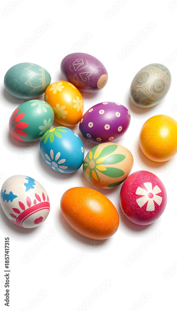 Fototapeta premium Colorful Easter eggs arranged on white background 