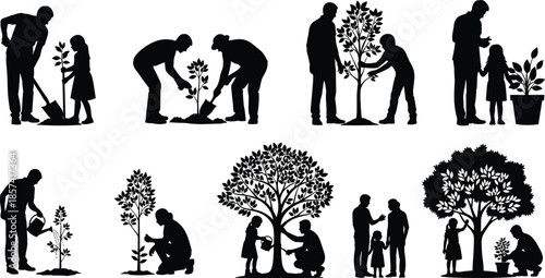 Vector silhouette set of people planting trees, family gardening and watering saplings, environmental conservation and reforestation icons.