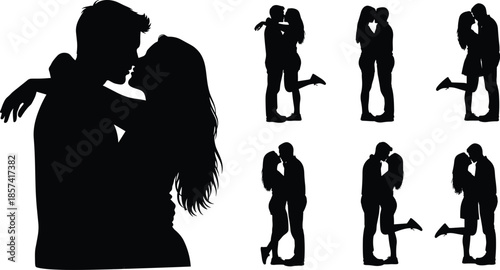 Vector silhouette set of romantic couple kissing and hugging, man and woman in love, valentine day illustration collection.