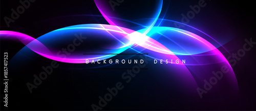 Abstract neon waves, vibrant blues, pinks, light flares. Dark background creates dramatic visual effect. Modern design element.