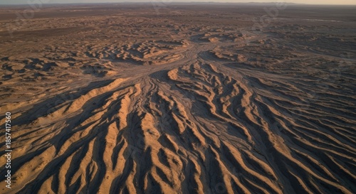 High-angle view of arid, textured desert landscape. Rippled sand formations