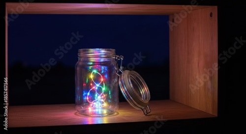 Illuminated mason jar with colorful string lights