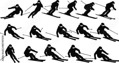 Skis silhouette vector set, winter sport athlete skiing downhill, slalom racing and alpine skiing action icons, black figure collection.