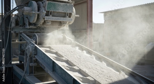 Industrial machinery discharging a fine white powder onto a conveyor belt. Dusty, outdoor setting with machinery in the foreground and out-of-focus background
