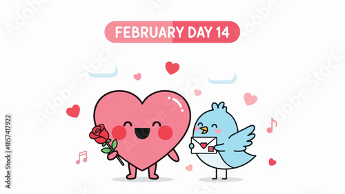 Happy heart character receives a lovely rose from a sweet little bird