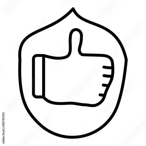 Minimalist line art of a shield containing a hand giving a thumbs-up, representing user-friendly security, positive verification, and trusted safety protocols.