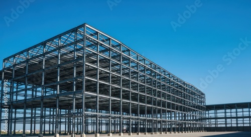 Large, empty metal framework of a building under construction against a clear blue sky