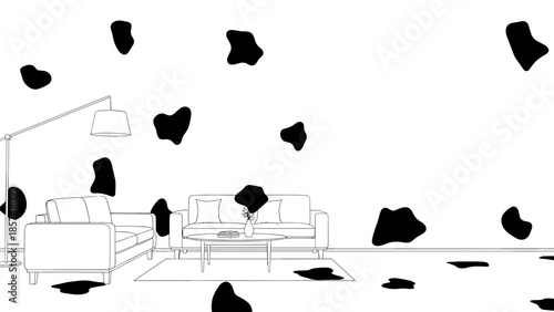 Black Shapes Falling Around Furniture Illustration.