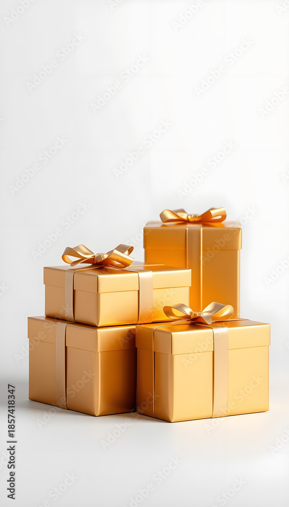 Naklejka premium Stack of yellow gift boxes with bows on white background 