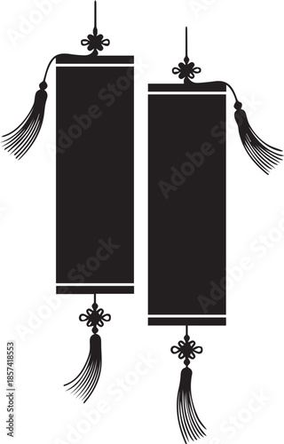 Two traditional chinese black silk lanterns with tassels