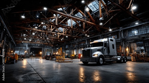 A massive industrial mechanic garage with steel beams