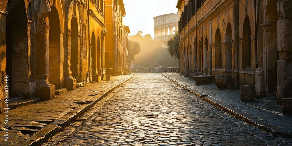 custom made wallpaper toronto digitalSunrise illuminating cobblestone street leading to colosseum in rome