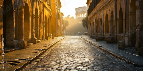Wallpaper Mural Sunrise illuminating cobblestone street leading to colosseum in rome Torontodigital.ca