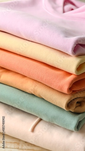 Stacked pastel sweatshirts, close-up. Soft hues and textures visible, creating a cozy, calming effect on light wood