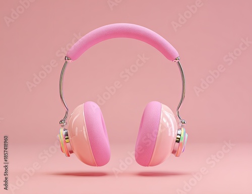 Pink headphones float on a pink surface; eye-level view