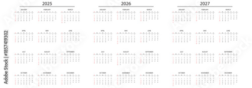 vector uk calendar 2025, 2026, 2027 set, on transparent background.  Simple layouts. Desk planner template with 12 month. Week starts Sunday. pictogram calendars. Yearly diary organizer Pocket or wall