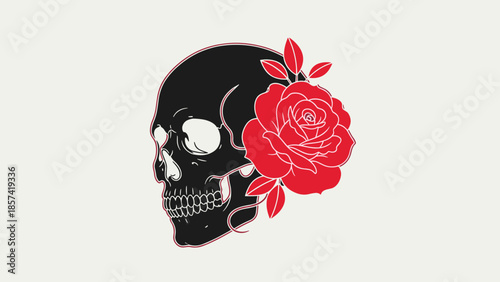 Black Skull with Red Rose Illustration.