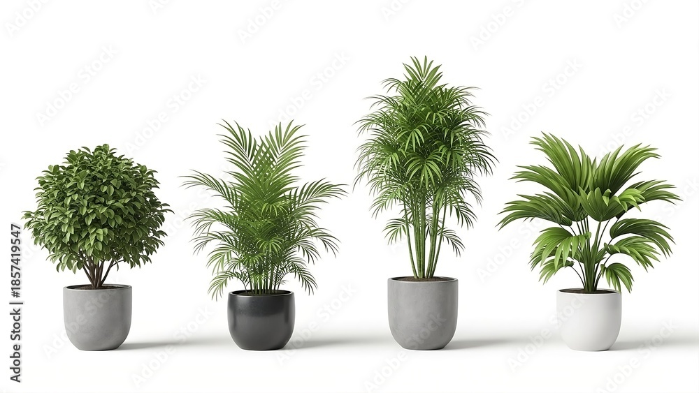 Fototapeta premium A curated assortment of four green potted houseplants, featuring a dense bush, a palm, and two other leafy varieties, are placed in grey and black