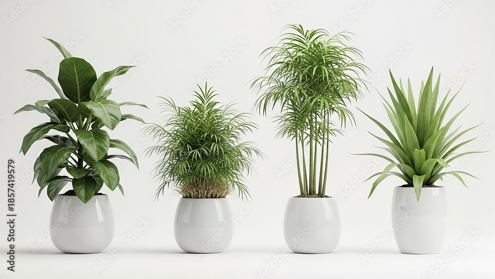 Obraz premium Four different green houseplants in smooth white oval pots arranged in a row on a plain white background