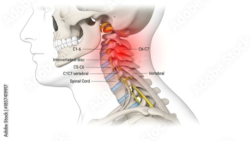Detailed anatomical view of the cervical spine displaying vertebral structures with marked pain