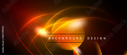 Abstract background features vibrant orange, yellow curves. Bright light radiates from center, creating dynamic visual effect. Dark edges frame composition.