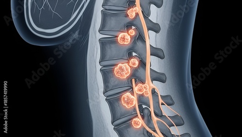 Digital rendering of a spine with tumors affecting vertebrae and neural structures, showcasing