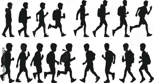 Running person animation sprite sheet silhouettes with backpack