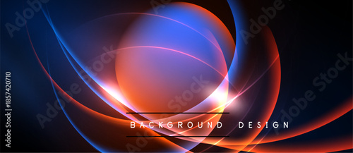 Abstract design features vibrant blue, red glows. Dynamic curves create flowing energy, dark background enhances luminosity. Modern aesthetic.