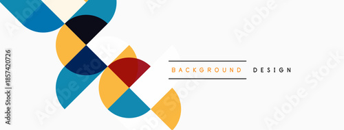 Abstract geometric shapes overlap, creating vibrant visual interest. Background design features circles, squares, modern aesthetic.