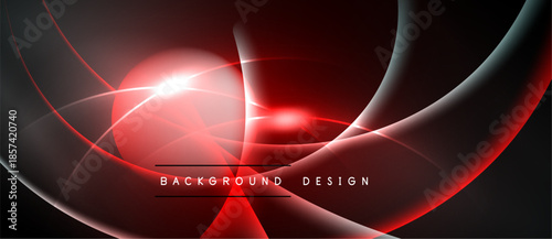 Abstract red design features glowing lines, curves, central bright spot. Dark background enhances visual impact, modern aesthetic.